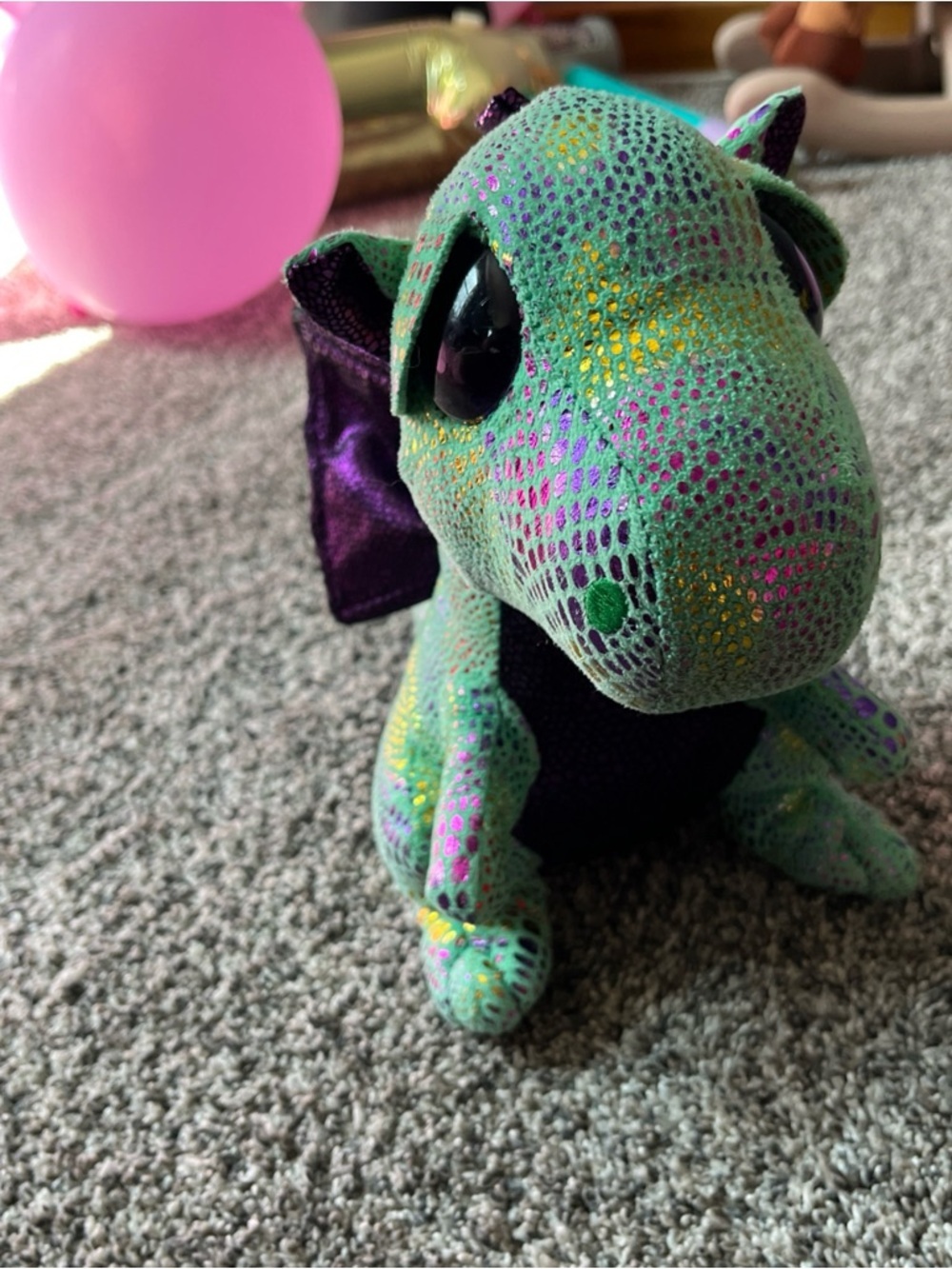 TY Giant Beanie Boo Plush/Stuffed Green & Purple Sparkly Dragon "Cinder"  13 In